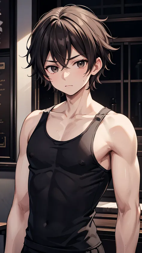 A photo of Eadric Diarmuid, a 19-year-old, with light brown skin, short curly black hair, and dark brown eyes, wearing a black tank top, styled like Zenitsu Agatsuma, looking at the camera.