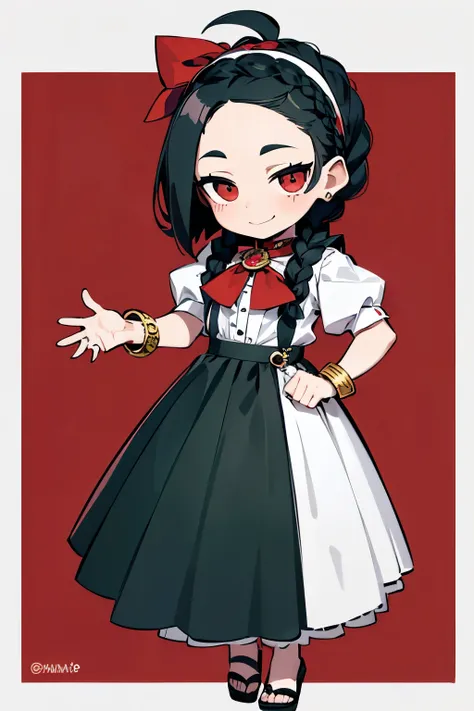 best quality,masterpiece,ultra-detailed,1 woman,((chibi)),((full body)),((standing)),black hair,(braid),(((forehead))),(extra short hair),((darkgreen jabot)),(((white clothing))),((maxi skirt)),cheerful,smug,happy,bridged nose,teenage girl,19-year-old,tsur...