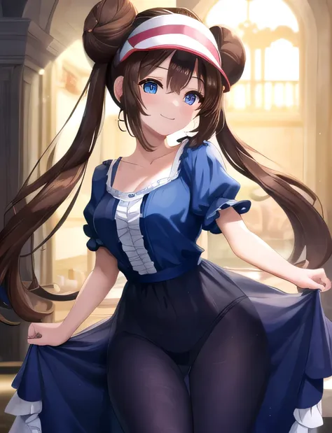 (Masterpiece:1.3), (absurdities:1.3), (Best Quality:1.3), (ultra detailed:1.3),(best shadow:0.7), (managed fur), perfect anatomy, 1 girl, Alone, rosa(Pokémon), double bun, visor cap, Bun, long_two tails, Brown hair, Blue eyes, hair between the eyes, big br...