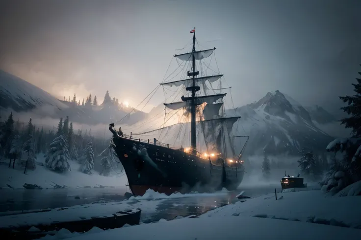 Render a ghostly ship sailing through thick fog, with its eerie silhouette and tattered sails hauntingly visible, surrounded by the surrounded by the full of snow-covered trees in the arctic mountains, 8k, full vivid color, hyperdetailed