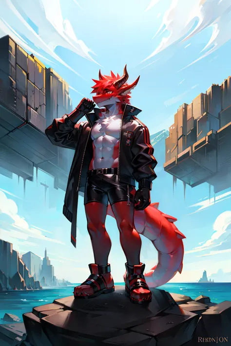 Furry dragon，red dragon，Wear a grey jacket，black shorts，rubber sandals , standing on a rock near a coast 