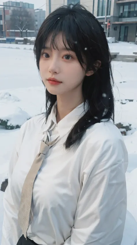 Best quality，masterpiece，Ultra-high resolution，snow，16K,Snow background，（Photo Realism：1.4),1 Girl，JK，Sexy，（Shirt and Tie：1.2),（Big breasts：1.3),（Upper body：1.4)