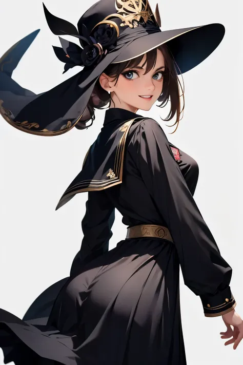 8620 (maitetsu),8620 (uniform),masterpiece, best quality, ultra-detailed, illustration,black dress,hat,looking back,:d,white background,((Eye highlights))