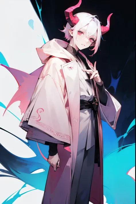 1male , Horns , Sanguine Eyes , Pale Skin , Pink Facial Markings , Flower Haori , Standing in a dark forest , Straight Styled White hair with bright blue highlights, perfect Generation 