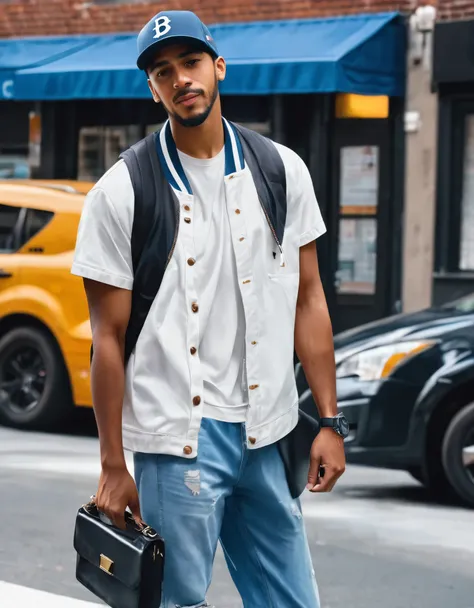 (masterpiece), (best quality), (high res), 1male, male focus, solo, solo focus, carefree, muslim, black hair, short hair, full body, dark brown eyes, backward baseball cap, denim jacket, open jacket, white t-shirt, blue jeans, slacks, shirt, matching sneak...