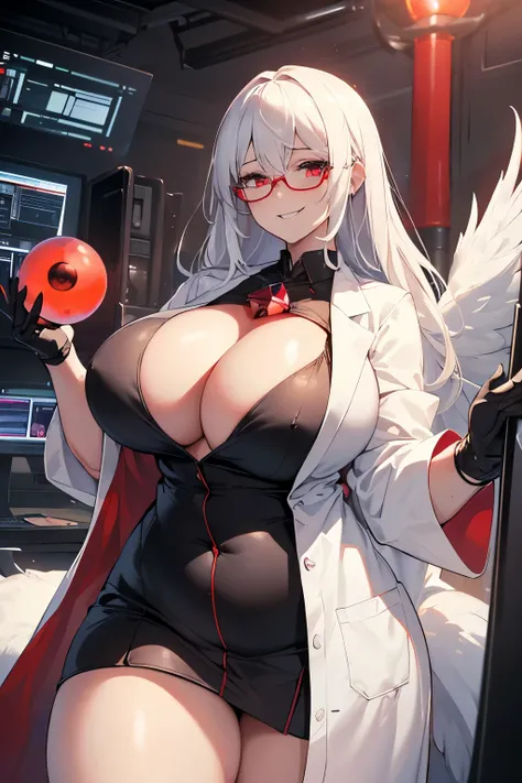 masterpiece , best quality , 1 sexy girl , (1 goose:1.2) , lab coat, doctors white robe , (covered nipples:0.9) , (gigantic tits:1.2) , (thick arm:1.1) , thick thigh , gigantic hip , (white hair:1.1) , (plump:1.1) , surrounded by sci-fi machinery and monit...