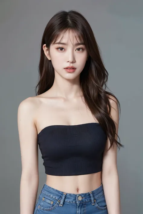 (Realistic, High resolution: 1.3), 1 Girl with a perfect body, H1-KEY HWISEO, 45 years old, ((h1-key hwiseo)), ((Tattoos on shoulders and arms)),Create an image of a young woman with long brown hair styled in loose waves. She has a delicate, youthful face,...