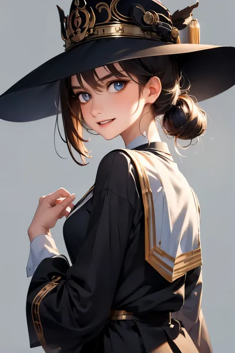 8620 (maitetsu),8620 (uniform),masterpiece, best quality, ultra-detailed, illustration,black dress,hat,looking back,:d,white background,((Eye highlights))