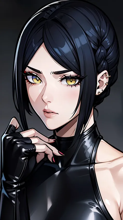 {8k image}, andogenous character, (netflix art style),
skin black, blue and yellow eyes, Finger waves style hair, eyebrow scratch, ear piercings.
