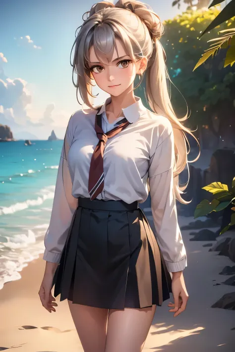 ((masterpiece)), ((best quality)), ((highres)), ((extremely detailed CG unity 8k wallpaper)), solo, tachibana kanade, tan school uniform, black skirt, white socks, outdoors, face, curtained hair, beach, parted hair, silver hair