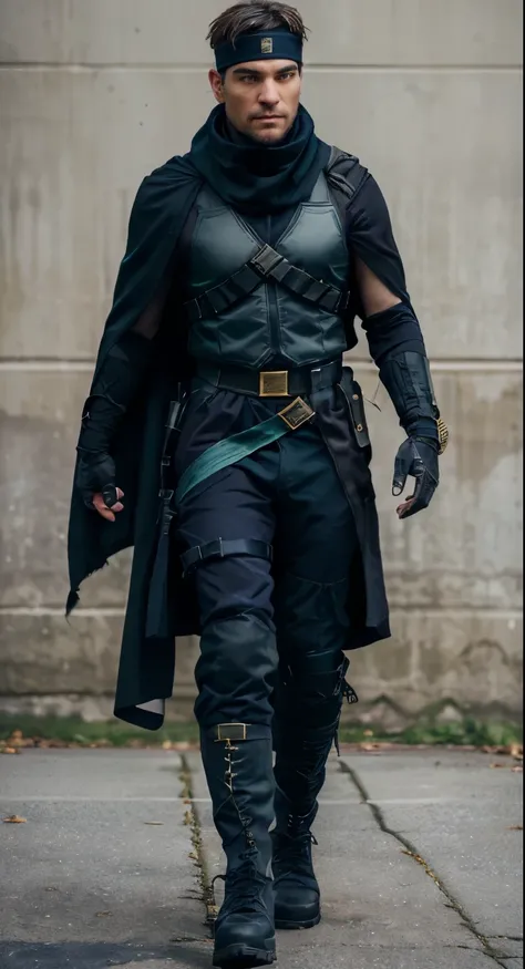 man, wearing a green tactical vest, wearing a long black scarf connected to a black cape, wearing brass and black fingerless gauntlets, wearing dark blue underclothes, wearing brass and black color boots, wearing a sagging tactical belt, wearing a dark blu...