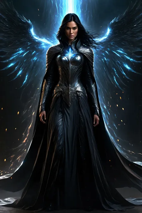 realistic, masterpiece, best quality, detailed,1girl, (black hair:1.2), standing posing, evil knight with a long flowing dark cape, angel of darkness ,fearsome and visually striking character with shifting tendrils, dark holographic glow, dim light, fantas...