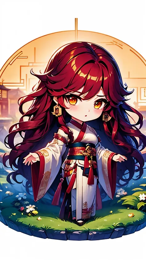 Chibi character pixel art, ((xian mei)), 1 girl with long red hair, standing, Chibi style, high quality pixel art, Gege Akutami, photography, beautiful, colorful, realistic, masterpieces, top quality, best quality, official art, beautiful and aesthetic, ha...