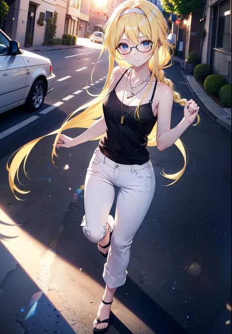 Alicesburg, Alice Zuberg, bangs, blue eyes, Blonde, Hair between the eyes, Very long hair, Braiding, hair band, white hair band,Black-rimmed glasses,Yellow Tank Top,Locket Necklace,skinny pants,Stiletto heels,Walking,morning,morning陽,The sun is rising,whol...