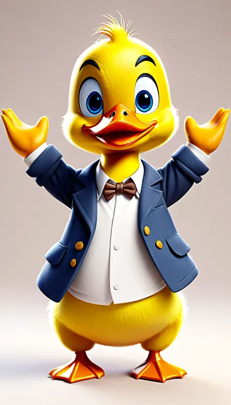 cute male duck, cartoon , arms, hands ,cute eyes, looking at viewer, arms up, cute clothes, flawless, white background, close