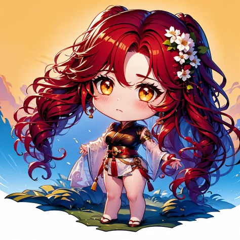 Chibi character pixel art, ((xian mei)), 1 girl, long red hair, standing, Chibi style, shapely breasts, high quality pixel art, Gege Akutami, photography, beautiful, colorful, realistic, masterpieces, top quality, best quality, official art, beautiful and ...