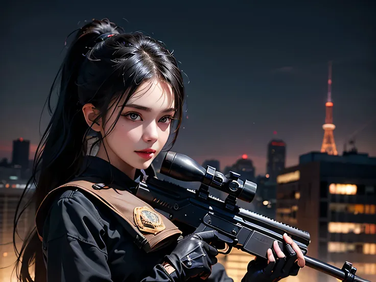 A highly detailed and realistic 8K portrait of a confident and beautiful female sniper with long black hair in a ponytail, wearing a black suit, headset and wielding a long sniper rifle with scope, standing on the rooftop of an office building in a city sk...