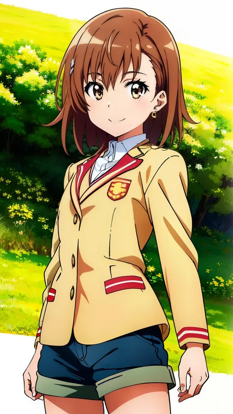 (masterpiece, best quality, 8k:1.2),Very detailed, (anime:1.1), misaka_mikoto, brown hair, short hair, hairpin, small medium breasts, 1girl, (College jacket, shorts, earrings, smile), dutch angle, looking at viewer,