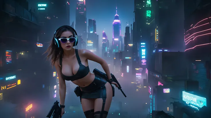 dark futuristic landscape, at night, neon lights, Atmospheric fog, large buildings in the background, futuristic city, streets with open shops, skyscraper (postapocalyptic city:1.3). (((1girl, solo, alone))), large-breast:1.2 slim body, cleavage:1.1, sexy ...