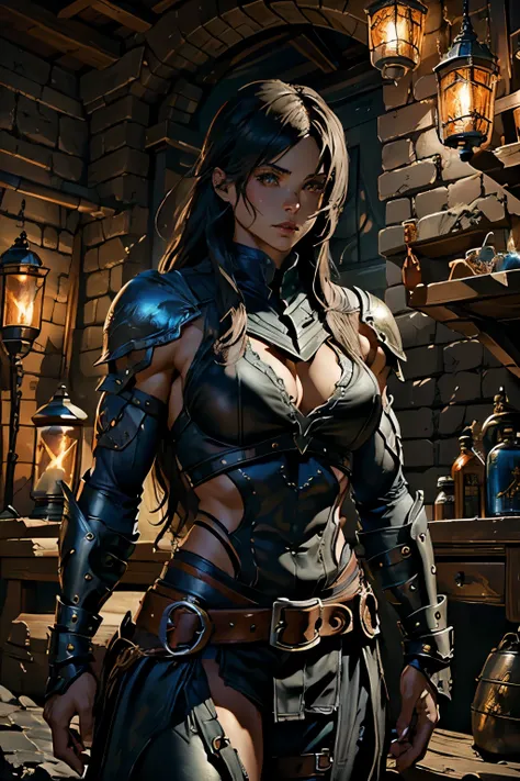 muscular female archer, hybrid human and dragon, leather armor, highly detailed, 8k, photorealistic, dramatic lighting, cinematic composition, fantasy, vibrant colors, chiaroscuro, heroic pose