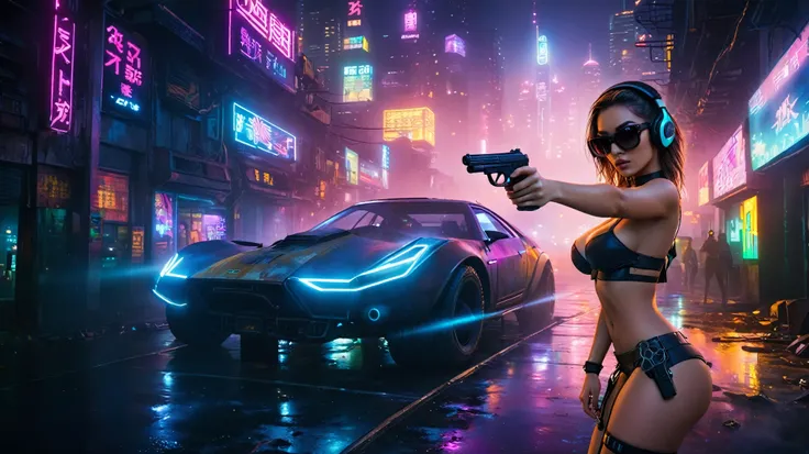 dark futuristic landscape, at night, neon lights, Atmospheric fog, large buildings in the background, futuristic city, streets with open shops, skyscraper (postapocalyptic city:1.3). (((1girl, solo, alone))), large-breast:1.2 slim body, cleavage:1.1, sexy ...