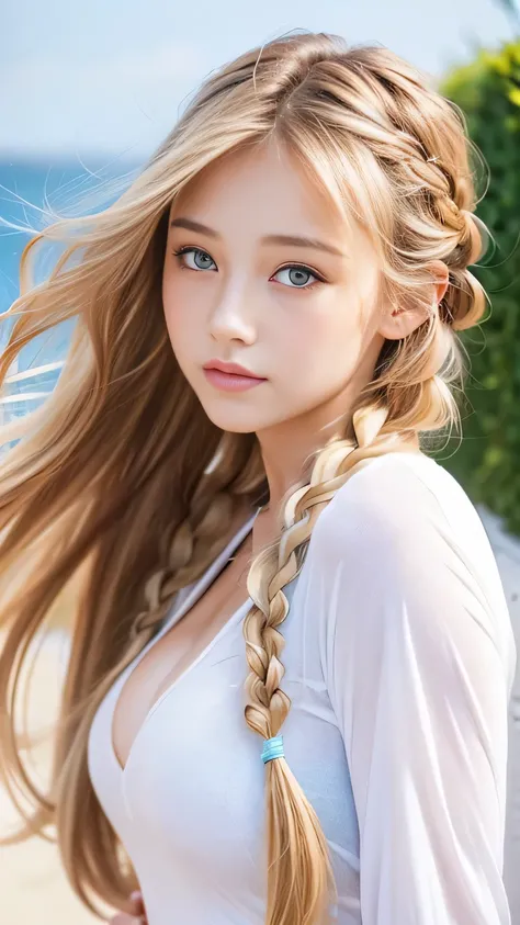 Sexy Big 、Sexy cute looks and cute 15 year old beautiful girl, beautiful and sexy face、A strong wind blows my hair in front of my face、beautiful long blonde French braided hair、beautiful, Cute and sexy eyes hidden behind long bangs