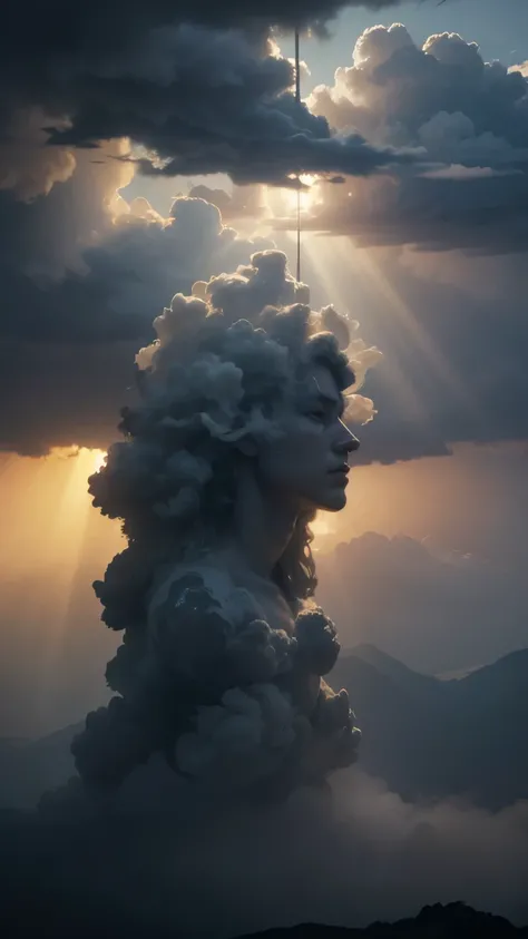 a god-like figure floating among clouds, dramatic lighting, highly detailed, cinematic composition, epic scale, glowing ethereal energy, dramatic clouds, divine light rays, serene atmosphere, 8k, unreal engine, award winning digital art, masterpiece, hyper...