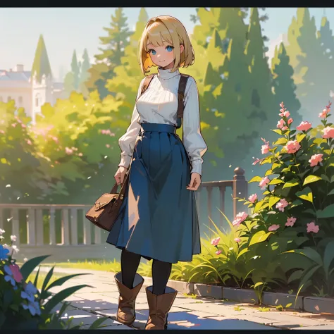 (high quality, High resolution, Very detailed, reality:1.37), Peaceful atmosphere, (Outdoor, garden), Teenage girl standing alone, (my breasts are big.), Beautiful details, Cute Smile, (Blonde Bob Hair), Ribbed sweater, Blue Skirt, Black tights, Brown boot...