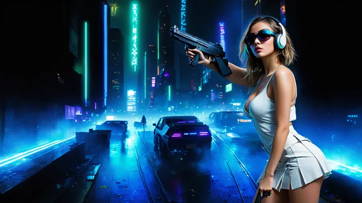 dark futuristic landscape, at night, neon lights, Atmospheric fog, large buildings in the background, futuristic city, streets with open shops, skyscraper (postapocalyptic city:1.3). (((1girl, solo, alone))), large-breast:1.2 slim body, cleavage:1.1, sexy ...