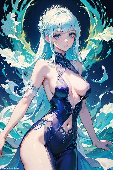 masterpiece, top quality, super detailed, high resolution, (ink painting style), excellent anatomy, beautiful 1 woman, art by Cornflower, ((arms behind back)), the image of an albino girl with a mysterious aura, beautiful detailed blue eyes, blue elegant c...