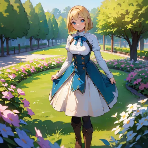 (high quality, High resolution, Very detailed, reality:1.37), Peaceful atmosphere, (Outdoor, garden), Teenage girl standing alone, (my breasts are big.), Beautiful details, Cute Smile, (Blonde Bob Hair), Ribbed sweater, Blue Skirt, Black tights, Brown boot...