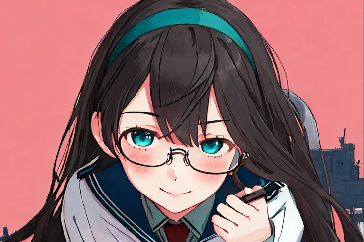 best quality, masterpiece, highres, solo, {ooyodo_kantaicollection:1.15}, black_hair, long_hair, glasses, hairband, semi-rimless_eyewear, under-rim_eyewear, blue_eyes, green_eyes, blush,small_breasts, 1girl, school_uniform, serafuku, pleats_skirt, looking_...