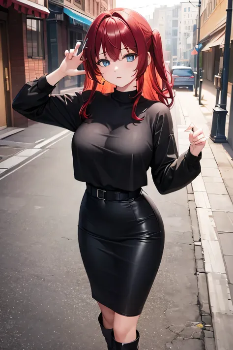 ((masterpiece, best quality, ultra-detailed)), 1girl, beautiful woman looking at viewer, oversized shirt, black midi pencil skirt, long black pencil skirt, leather boots, full body, red hair, messy hair, city, alleyway