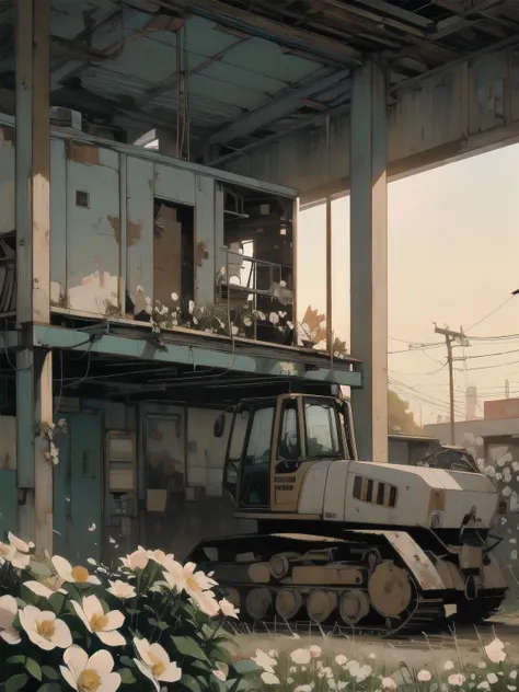 Detailed Machinery、Abandoned Factory、Atrium、(((White Flower Field)))、(((Rusty heavy equipment)))、Gorgeous light leaks、(((Sunset)))、fog、Detailed Background、Highest quality、(((No humans)))、Broken heavy machinery、Complex heavy machinery、Faint lighting、(((Flut...