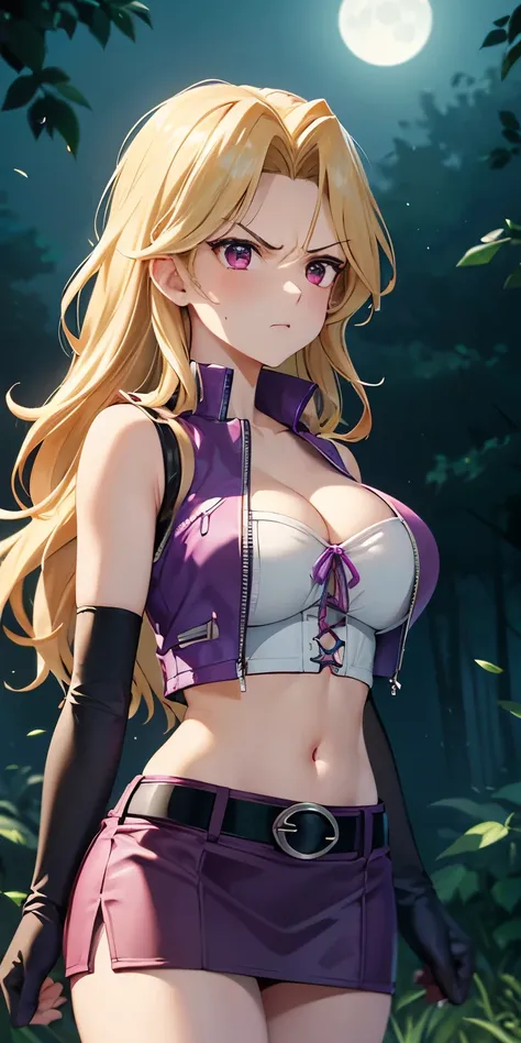 1 Female,High definition,high resolution,Ultra-realistic,8K, kujaku mai, blonde hair, red eyes, breasts, blush, purple skirt,tight skirt, miniskirt, long hair, large breasts, elbow gloves, white gloves, navel, cleavage, detached sleeves, midriff, belt, ves...