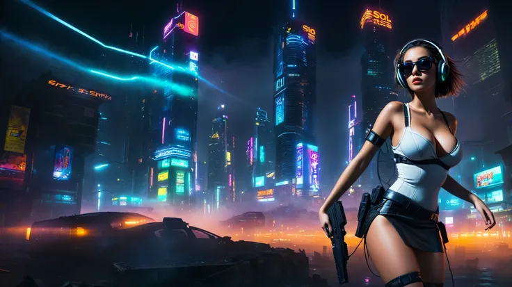 dark futuristic landscape, at night, neon lights, Atmospheric fog, large buildings in the background, futuristic city, streets with open shops, skyscraper (postapocalyptic city:1.3). (((1girl, solo, alone))), large-breast:1.2 slim body, cleavage:1.1, sexy ...