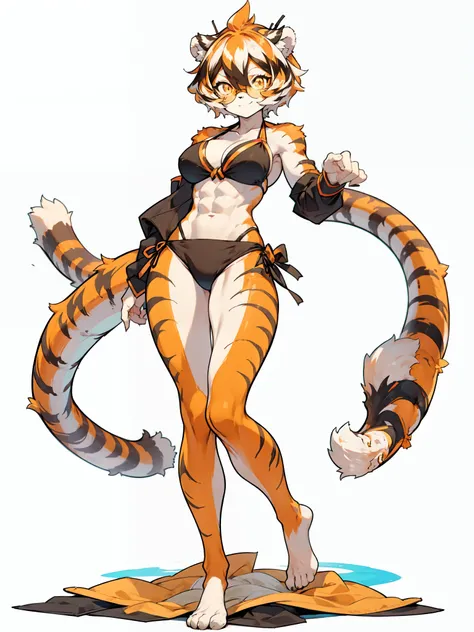 white background, full body,1girl，solo, Standing, animal ears, white hair, black hair, short hair, large breasts, Abdominal muscles,, tail, orange eyes, orange hair, multicolored hair, tiger girl, hair between eyes, tiger_ears, tiger_tail, orange-tinted_ey...