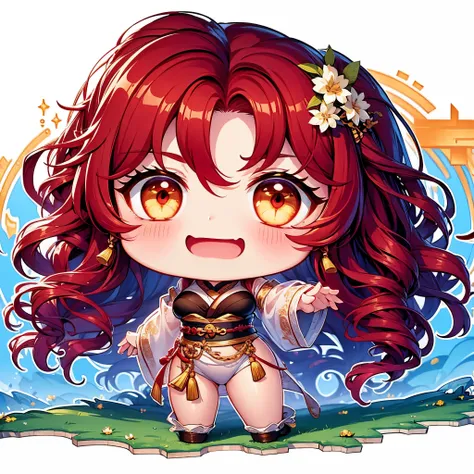 Chibi character pixel art, ((xian mei)), 1 girl, long red hair, standing, Chibi style, shapely breasts, high quality pixel art, Gege Akutami, photography, beautiful, colorful, realistic, masterpieces, top quality, best quality, official art, beautiful and ...