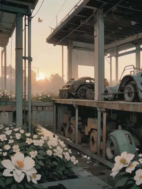 Detailed Machinery、Abandoned Factory、Atrium、(((White Flower Field)))、(((Rusty heavy equipment)))、Gorgeous light leaks、(((Sunset)))、fog、Detailed Background、Highest quality、(((No humans)))、Broken heavy machinery、Complex heavy machinery、Faint lighting、(((Flut...