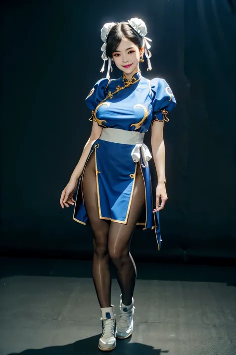 (((full body:1.4,simple background:1.4,large breast:1.4, sexy:1.4,makeup:1.4))),Chun-Li from Street Fight II,perfect chun li costume,Blue cheongsam with gold lines,Bun head,bun cover,masterpiece、1 beautiful girl、fine eyes、puffy eyes、highest quality, 超High ...