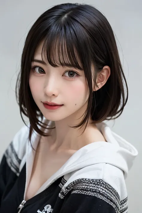 Everything is beautifully detailed:1.6,masterpiece、Highest quality、1 girl, alone, alone focus, Cowboy Shot, Portraiture, Oversized hoodie, Blue and white hoodie, half水彩画, half, ((Black Hair)), (Shiny Hair), (Gradient Hair :1.5), Curly Hair, ((Beautifully d...