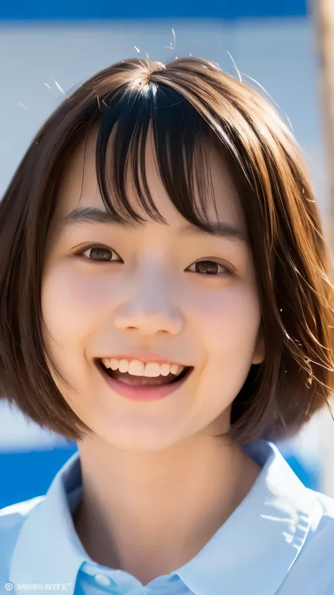 1 very cute girl、12 years old、short hair、gray hair、blue background、upper body、(head shot:1.5)、eyes focus、collared shirt、laughter...