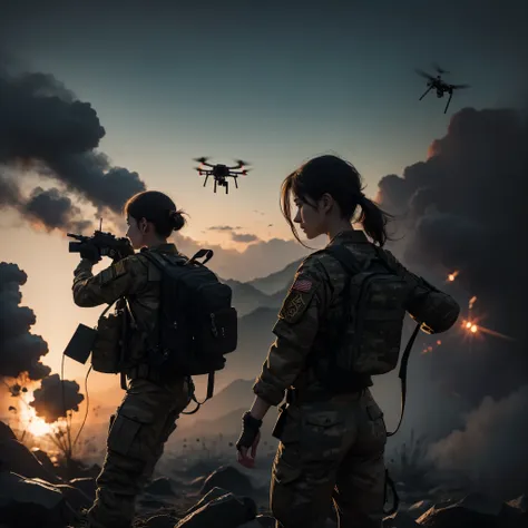 a female military shooter, with the back exposed, with camouflage tries to shoot down a drone