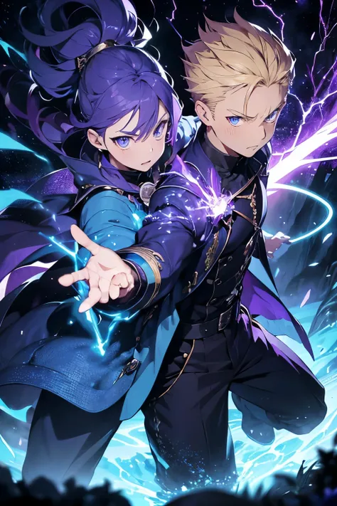 Powerful wizard with sparkling blue flames in his hands with an angry face, he has blond hair in a pompadour style, very detailed and very bright blue eyes, his clothes are high-ranking sorcerer style clothes, his entire body, he is a forest, fighting with...