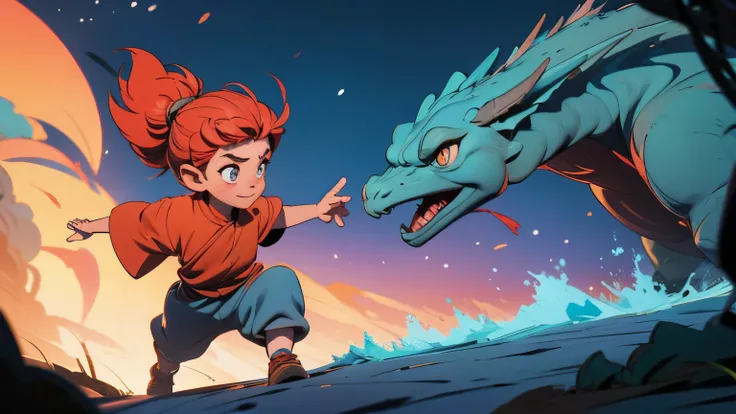 a  and a little boy chasing a friendly dragon in a child&#39;s game.