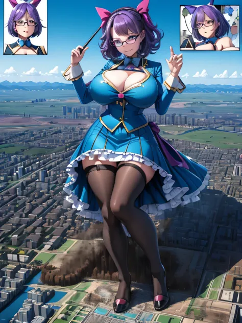 multiple girls, giantess art, highly detailed giantess shots, giantess, most detailed, perfect face, Two legs, Five fingers, short hair, A beautiful girl who is bigger than a skyscraper, Wearing rimless glasses, smile, huge breasts, blue base magical girl ...