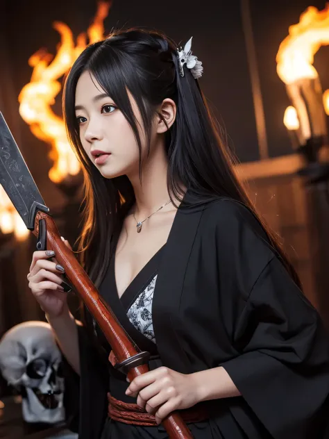 female, Holding a black sickle emblazoned with a symbol of Japan signifying death, Black flames emerge from the decoration., The sickle blade comes out of it.、A black wind blows with the ghost of a skull, Judy female with perfect face and scythe is wearing...