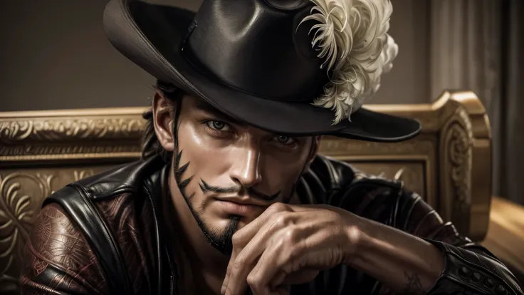 masterpiece, best quality, extremely detailed, hyperrealistic, photorealistic, a cool 40s man, ultra detailed face:1.2, extreme close-up shot, black hat with feathers, serene:1.1, sitting sofa, crossed legs, talking to the left side