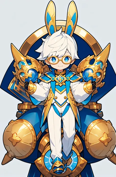 A boy with striking white hair、The bunny ears are very big、Golden armor、Siamese、Smile、Mechanical blue glasses and clothing、Center the character，Complete body，Background white