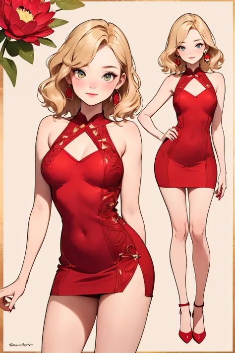 poster, (masterpiece, best quality),blond(rich and colorful),(Stunning details,Detailed background),Standing front，Keep your legs together，Anatomically correct,Precision drawing,Detailed view,Luxury, girl lotus pose:1.6, lotus po station:1.6, (Red short dr...